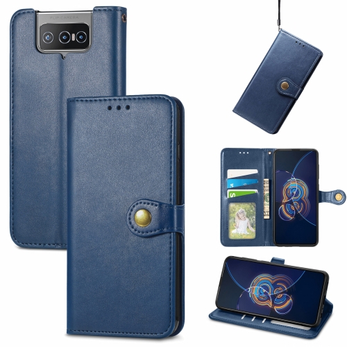 

For Asus Zenfone 8 Flip Solid Color Leather Buckle Phone Case with Lanyard & Photo Frame & Card Slot & Wallet & Stand Function(Blue)
