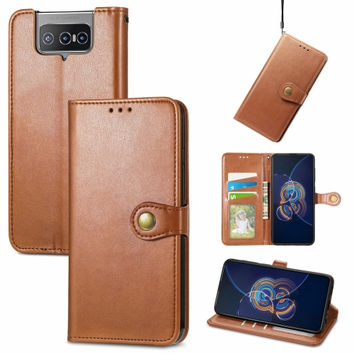 

For Asus Zenfone 8 Flip Solid Color Leather Buckle Phone Case with Lanyard & Photo Frame & Card Slot & Wallet & Stand Function(Brwon)
