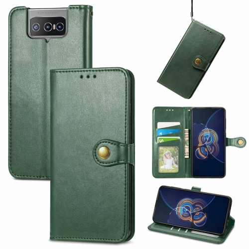 

For Asus Zenfone 8 Flip Solid Color Leather Buckle Phone Case with Lanyard & Photo Frame & Card Slot & Wallet & Stand Function(Green)