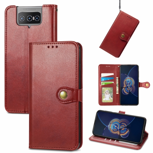 

For Asus Zenfone 8 Flip Solid Color Leather Buckle Phone Case with Lanyard & Photo Frame & Card Slot & Wallet & Stand Function(Red)