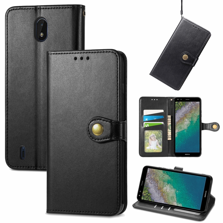 

For Nokia C01 Plus Solid Color Leather Buckle Phone Case with Lanyard & Photo Frame & Card Slot & Wallet & Stand Function(Black)