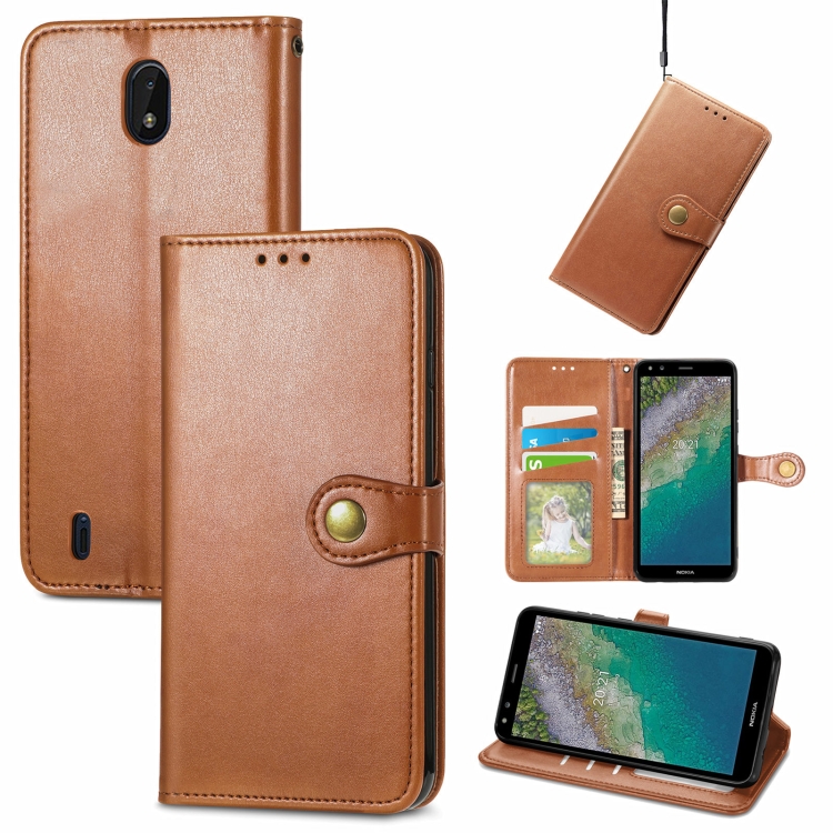 

For Nokia C01 Plus Solid Color Leather Buckle Phone Case with Lanyard & Photo Frame & Card Slot & Wallet & Stand Function(Brwon)