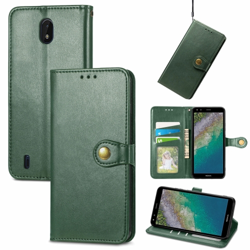 

For Nokia C01 Plus Solid Color Leather Buckle Phone Case with Lanyard & Photo Frame & Card Slot & Wallet & Stand Function(Green)