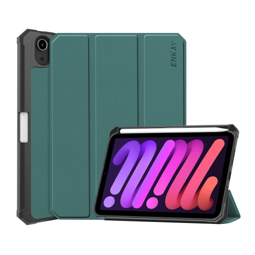 

ENKAY Custer Texture Horizontal Flip PU+TPU Leather Tablet Case with Three-folding Holder & Sleep / Wake-up Function & Pen Holder for iPad mini 6 2021(Dark Green)
