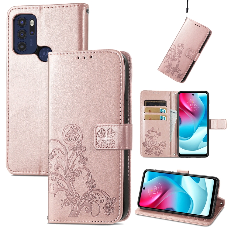 

For Motorla Moto G60S Four-leaf Clasp Embossed Buckle Mobile Phone Protection Leather Case with Lanyard & Card Slot & Wallet & Bracket Function(Rose Gold)