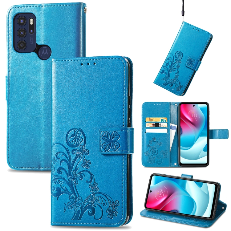 

For Motorla Moto G60S Four-leaf Clasp Embossed Buckle Mobile Phone Protection Leather Case with Lanyard & Card Slot & Wallet & Bracket Function(Blue)