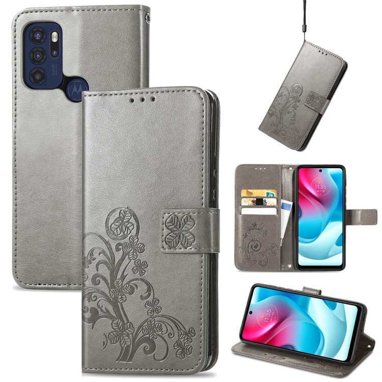 

For Motorla Moto G60S Four-leaf Clasp Embossed Buckle Mobile Phone Protection Leather Case with Lanyard & Card Slot & Wallet & Bracket Function(Grey)