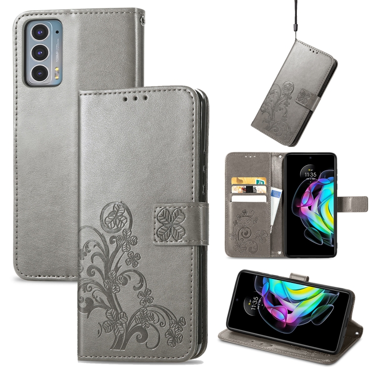 

For Motorola Edge 20 Four-leaf Clasp Embossed Buckle Mobile Phone Protection Leather Case with Lanyard & Card Slot & Wallet & Bracket Function(Grey)