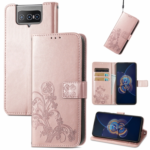 

For Asus Zenfone 8 Flip Four-leaf Clasp Embossed Buckle Mobile Phone Protection Leather Case with Lanyard & Card Slot & Wallet & Bracket Function(Rose Gold)