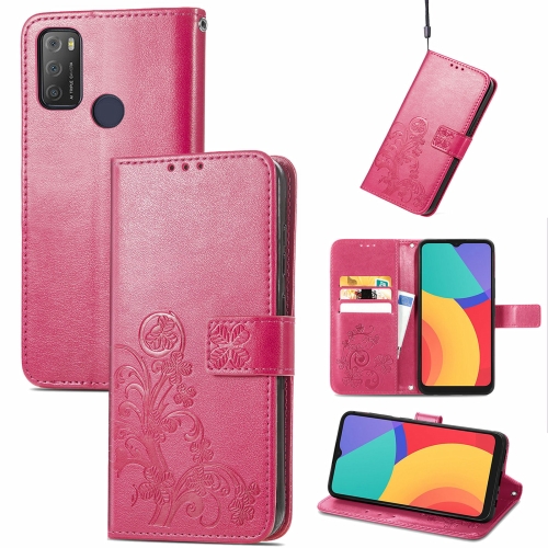 

For Alcatel 1S 2021 Four-leaf Clasp Embossed Buckle Mobile Phone Protection Leather Case with Lanyard & Card Slot & Wallet & Bracket Function(Magenta)