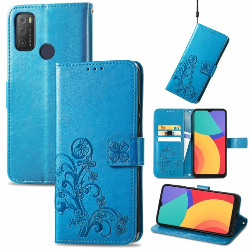 

For Alcatel 1S 2021 Four-leaf Clasp Embossed Buckle Mobile Phone Protection Leather Case with Lanyard & Card Slot & Wallet & Bracket Function(Blue)
