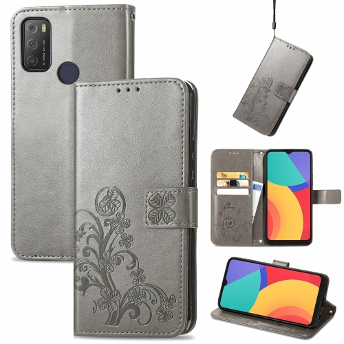 

For Alcatel 1S 2021 Four-leaf Clasp Embossed Buckle Mobile Phone Protection Leather Case with Lanyard & Card Slot & Wallet & Bracket Function(Grey)