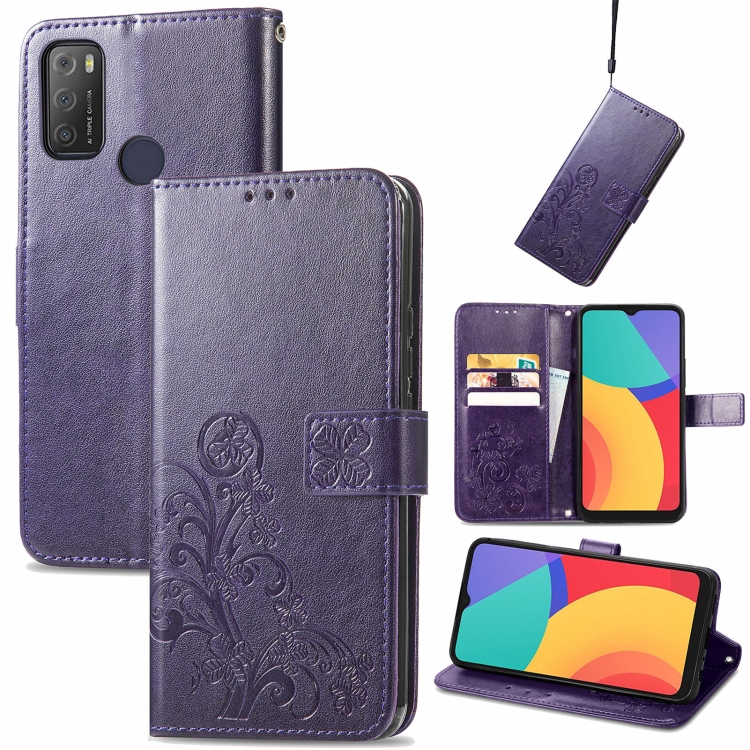 

For Alcatel 1S 2021 Four-leaf Clasp Embossed Buckle Mobile Phone Protection Leather Case with Lanyard & Card Slot & Wallet & Bracket Function(Purple)