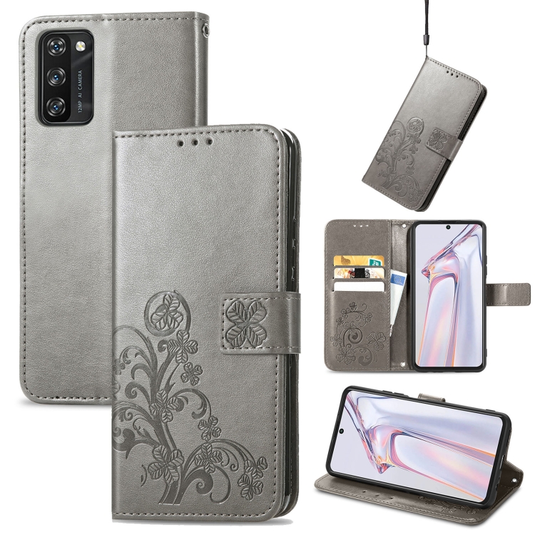 

For Blackview A100 Four-leaf Clasp Embossed Buckle Mobile Phone Protection Leather Case with Lanyard & Card Slot & Wallet & Bracket Function(Grey)