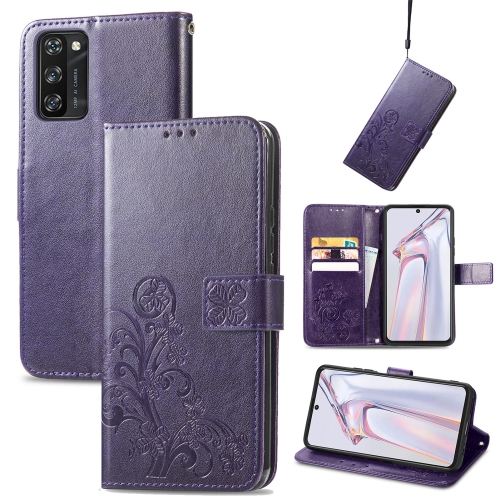 

For Blackview A100 Four-leaf Clasp Embossed Buckle Mobile Phone Protection Leather Case with Lanyard & Card Slot & Wallet & Bracket Function(Purple)