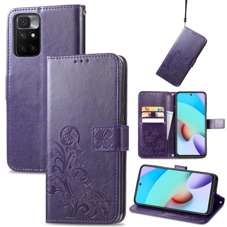 

For Xiaomi Redmi 10 Four-leaf Clasp Embossed Buckle Mobile Phone Protection Leather Case with Lanyard & Card Slot & Wallet & Bracket Function(Purple)