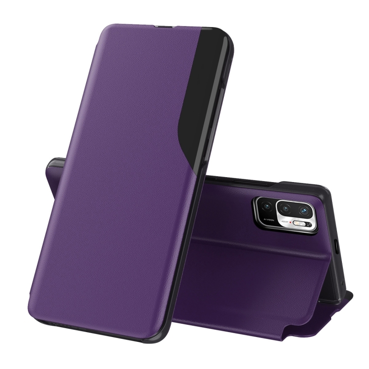

For Xiaomi Redmi Note 10 5G / Poco M3 Pro Side Display Shockproof Horizontal Flip Leather Case with Holder(Purple)