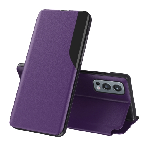 

For OnePlus Nord 2 5G Side Display Magnetic Shockproof Horizontal Flip Leather Case with Holder(Purple)