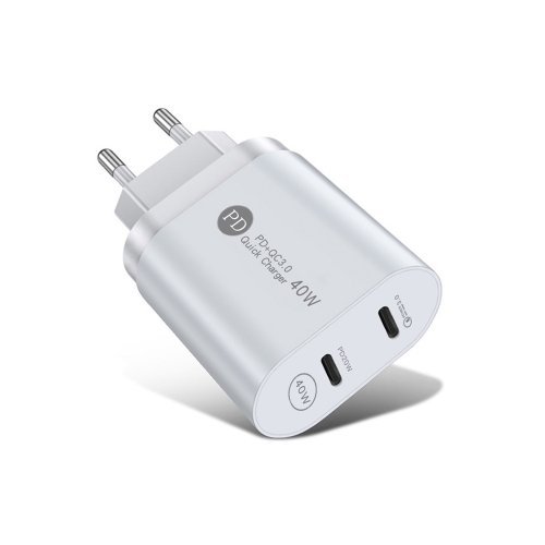 

002 40W Dual Port PD USB-C / Type-C Fast Charger for iPhone / iPad Series, EU Plug(White)