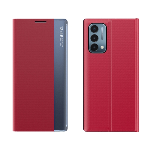 For OnePlus Nord 2 5G Side Window Display Magnetic Suction Plain Grain Flip PU Leather + PC Case with Holder(Red)