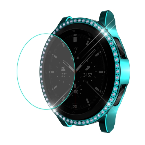 

For Samsung Galaxy Watch4 Classic 42mm ENKAY Hat-Prince 2 in 1 Full Coverage Electroplated PC Case with Decorative Diamond + Tempered Glass Protector(Cyan)