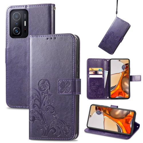 

For Xiaomi Mi 11T / 11T Pro Four-leaf Clasp Embossed Leather Case with Lanyard & Card Slot & Wallet & Holder(Purple)