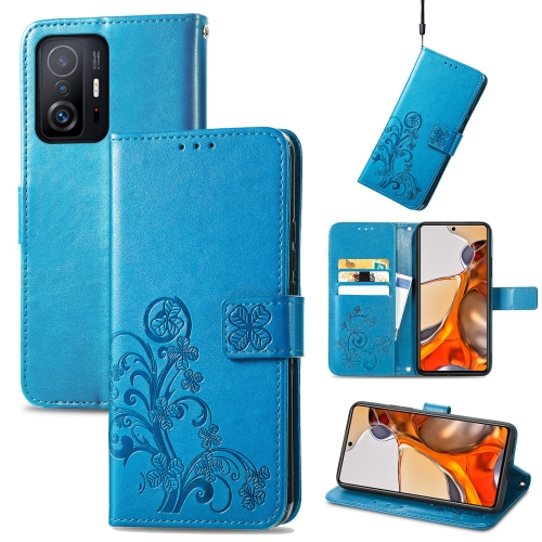 

For Xiaomi Mi 11T / 11T Pro Four-leaf Clasp Embossed Leather Case with Lanyard & Card Slot & Wallet & Holder(Blue)