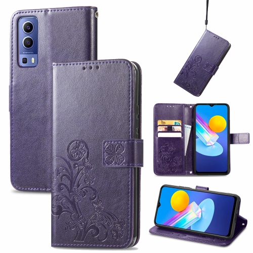 

For vivo Y72 5G Four-leaf Clasp Embossed Leather Case with Lanyard & Card Slot & Wallet & Holder(Purple)