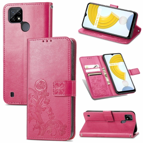 For OPPO Realme C21Y Four-leaf Clasp Embossed Leather Case with Lanyard & Card Slot & Wallet & Holder(Rose Red)