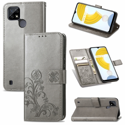 

For OPPO Realme C21Y Four-leaf Clasp Embossed Leather Case with Lanyard & Card Slot & Wallet & Holder(Grey)