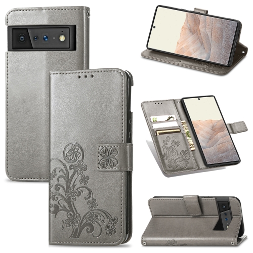 

For Google Pixel 6 Four-leaf Clasp Embossed Leather Case with Lanyard & Card Slot & Wallet & Holder(Grey)