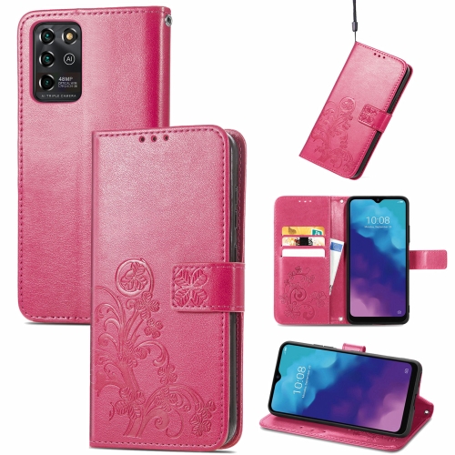 

For ZTE V30 Vita Four-leaf Clasp Embossed Leather Case with Lanyard & Card Slot & Wallet & Holder(Magenta)