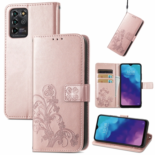 

For ZTE V30 Vita Four-leaf Clasp Embossed Leather Case with Lanyard & Card Slot & Wallet & Holder(Rose Gold)