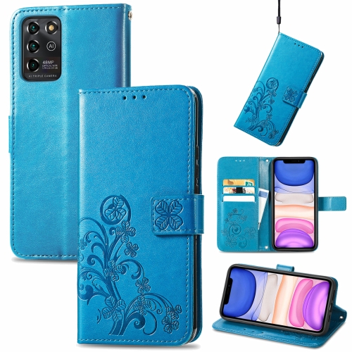 

For ZTE V30 Vita Four-leaf Clasp Embossed Leather Case with Lanyard & Card Slot & Wallet & Holder(Blue)