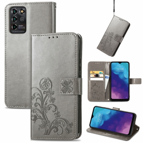 

For ZTE V30 Vita Four-leaf Clasp Embossed Leather Case with Lanyard & Card Slot & Wallet & Holder(Grey)