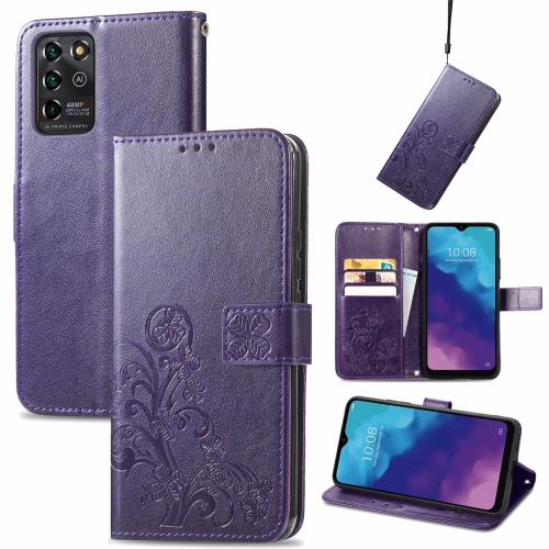 

For ZTE V30 Vita Four-leaf Clasp Embossed Leather Case with Lanyard & Card Slot & Wallet & Holder(Purple)