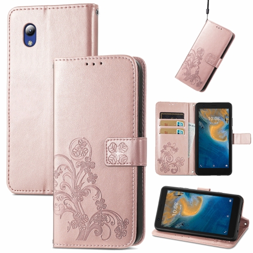 

For ZTE Blade A31 Lite Four-leaf Clasp Embossed Leather Case with Lanyard & Card Slot & Wallet & Holder(Rose Gold)