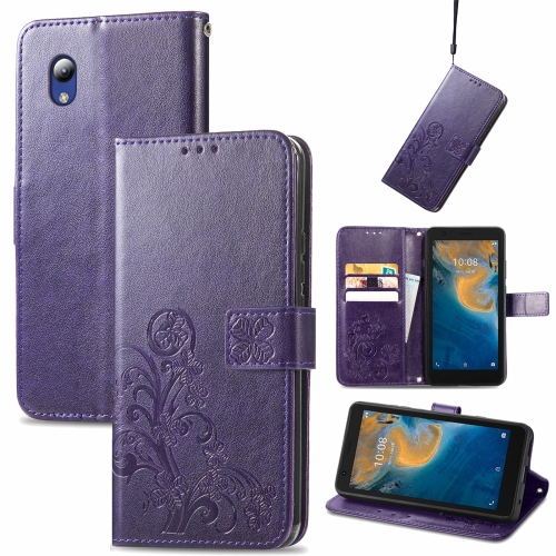 

For ZTE Blade A31 Lite Four-leaf Clasp Embossed Leather Case with Lanyard & Card Slot & Wallet & Holder(Purple)