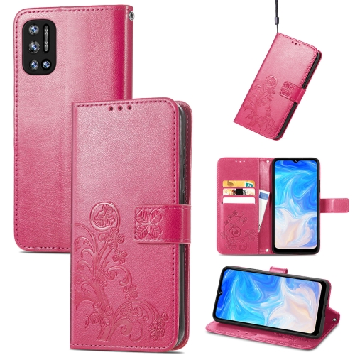 

For DOOGEE N40 Pro Four-leaf Clasp Embossed Leather Case with Lanyard & Card Slot & Wallet & Holder(Magenta)