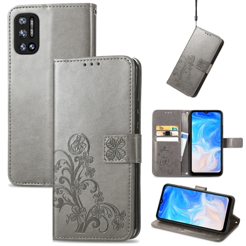 

For DOOGEE N40 Pro Four-leaf Clasp Embossed Leather Case with Lanyard & Card Slot & Wallet & Holder(Grey)
