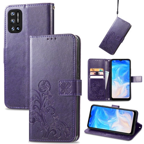 

For DOOGEE N40 Pro Four-leaf Clasp Embossed Leather Case with Lanyard & Card Slot & Wallet & Holder(Purple)