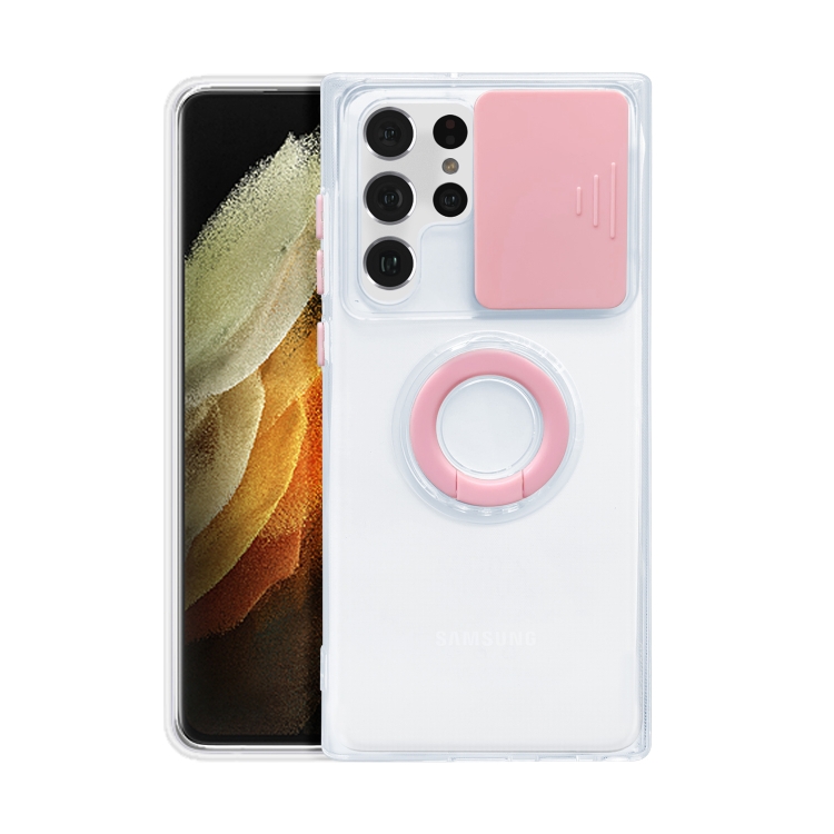 

For Samsung Galaxy S22 5G Sliding Camera Cover TPU Protective Case with Ring Holder(Pink)