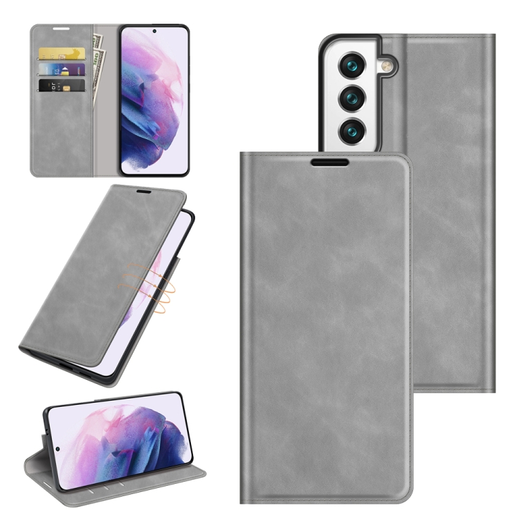 

For Samsung Galaxy S22 5G Retro-skin Business Magnetic Suction Leather Case with Holder & Card Slots & Wallet(Grey)