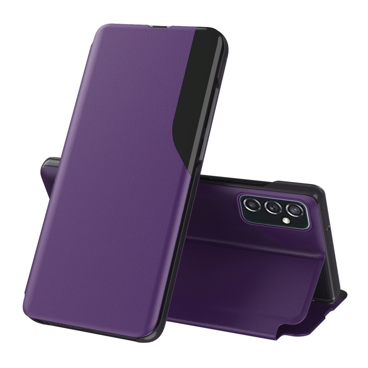 

For Samsung Galaxy M52 5G Side Display Shockproof Horizontal Flip Leather Case with Holder(Purple)