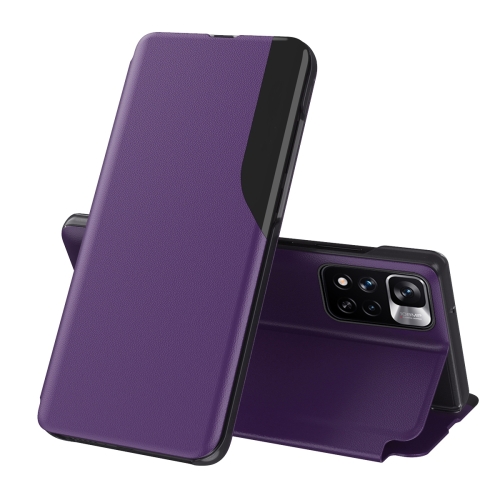 

For Xiaomi Redmi Note 11 Side Display Shockproof Horizontal Flip Leather Case with Holder(Purple)