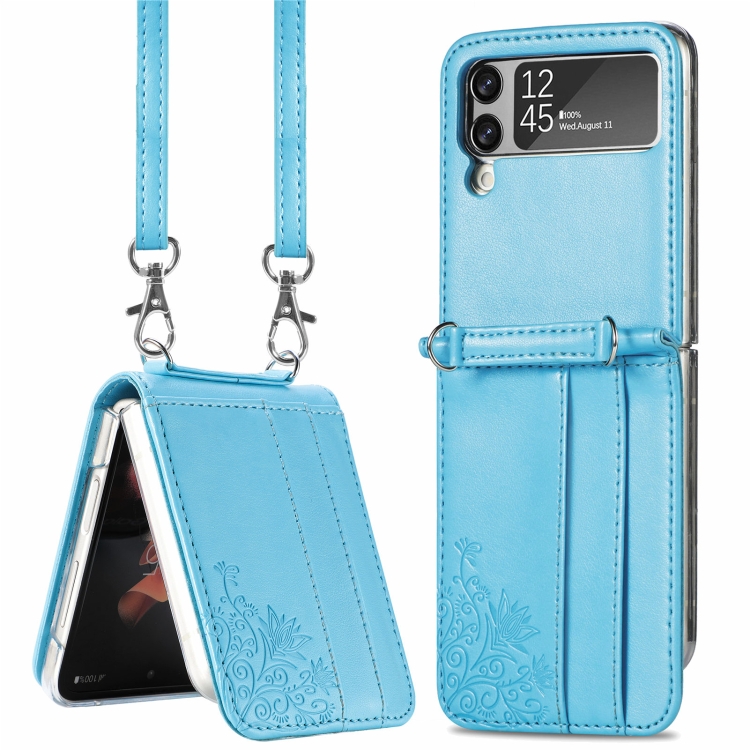 

For Samsung Galaxy Z Flip 3 5G Diagonal Lanyard Embossed Card Phone Case(Blue)