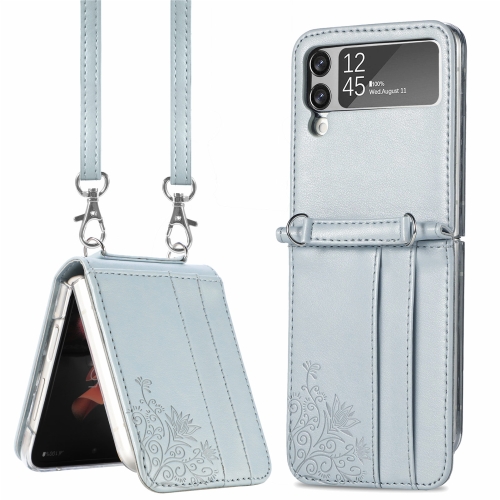 

For Samsung Galaxy Z Flip 3 5G Diagonal Lanyard Embossed Card Phone Case(Silver)