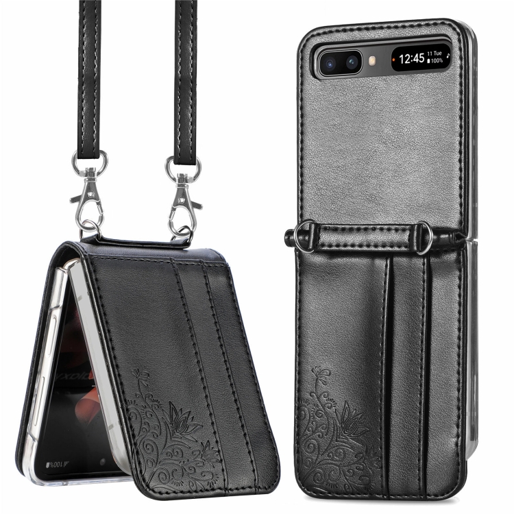 

For Samsung Galaxy Z Flip 5G Diagonal Lanyard Embossed Card Phone Case(Black)