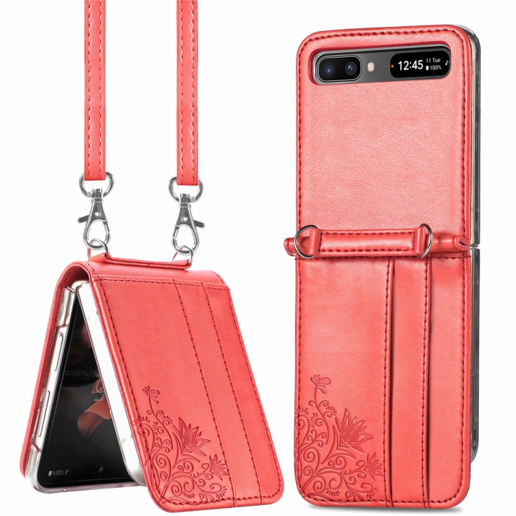 

For Samsung Galaxy Z Flip 5G Diagonal Lanyard Embossed Card Phone Case(Red)