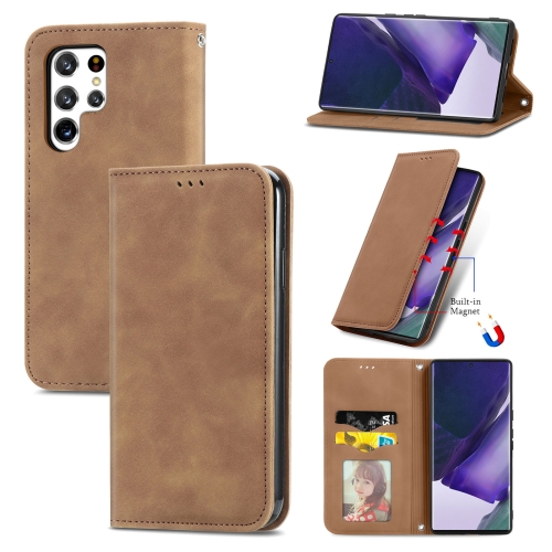 

For Samsung Galaxy S22 Ultra 5G Retro Skin Feel Magnetic Horizontal Flip Leather Case with Holder & Card Slots & Wallet & Photo Frame(Brown)